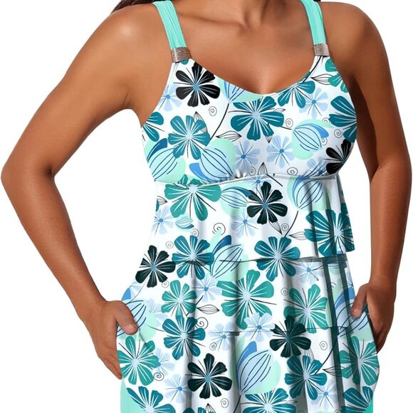 Comfortable Women's Floral Tankini Set - Ruffled Tummy Control Swimwear Size 16 - Picture 1 of 7